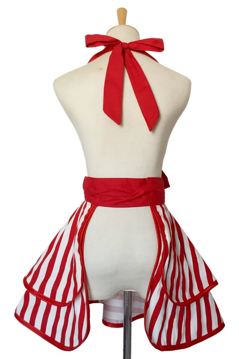 Violet Mist Cute Lovely Retro Aprons for Women Girls Ladies Sexy Vintage Aprons Christmas Apron Red Striped Vintage 50s Apron kawaii Cooking Kitchen Ruffle Apron for Housewife Waitress Mother's Gift - Image 5